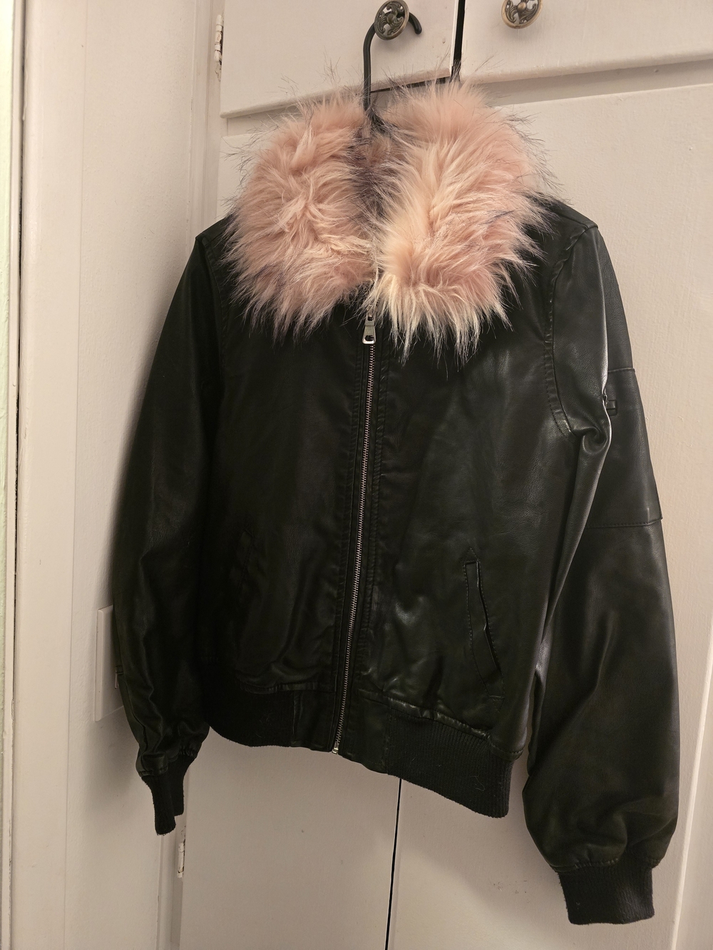 Ci Sono Black Faux Leather Bomber Jacket with Pink Faux Fur Collar